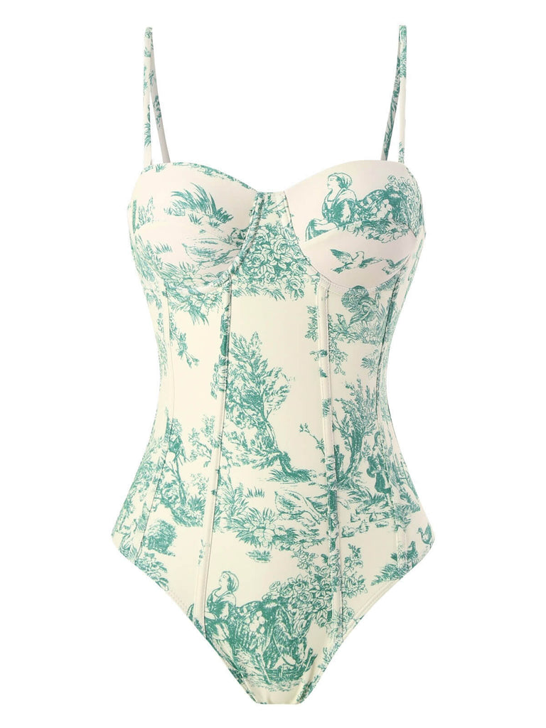 1950s Ink Floral Spaghetti Strap One-Piece Swimsuit - vintage swimsuit, pin-up swimwear for vintage lovers