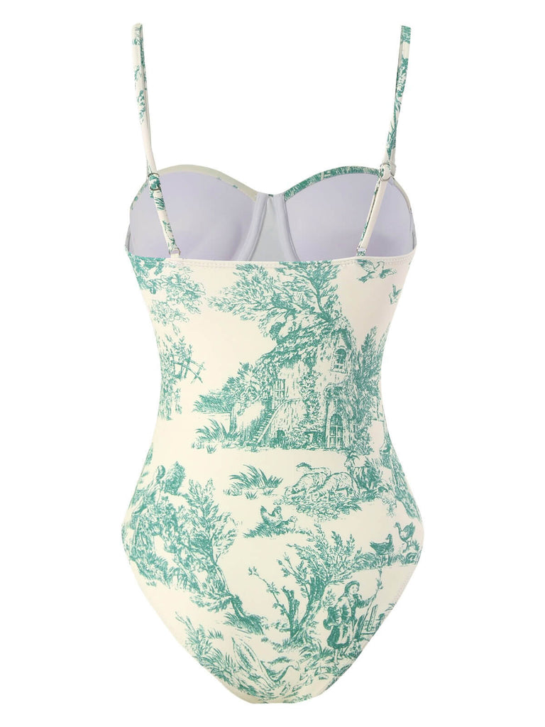 1950s Ink Floral Spaghetti Strap One-Piece Swimsuit - vintage swimsuit, pin-up swimwear for vintage lovers