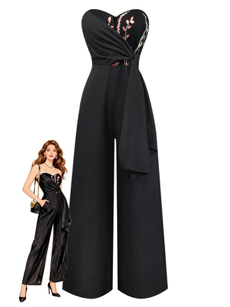 Black 1960s Embroidered Floral Tie-Up Strapless Jumpsuit - vintage jumpsuit, retro fashion, classic black