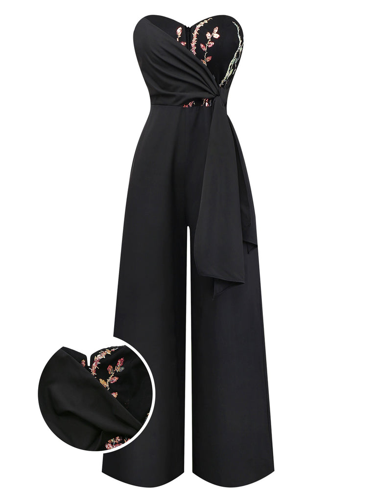 Black 1960s Embroidered Floral Tie-Up Strapless Jumpsuit - vintage jumpsuit, retro fashion, classic black