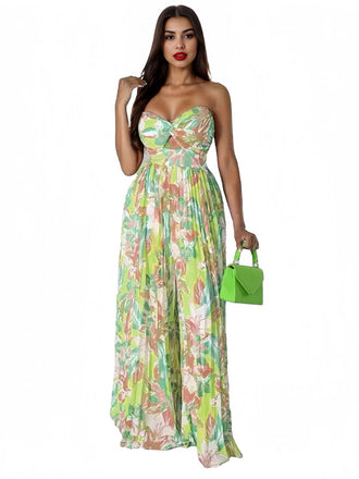 Green 1960s Floral Strapless Hollow Twist Pleated Jumpsuit - vintage jumpsuit, retro fashion