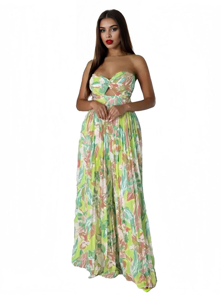 Green 1960s Floral Strapless Hollow Twist Pleated Jumpsuit - vintage jumpsuit, retro fashion