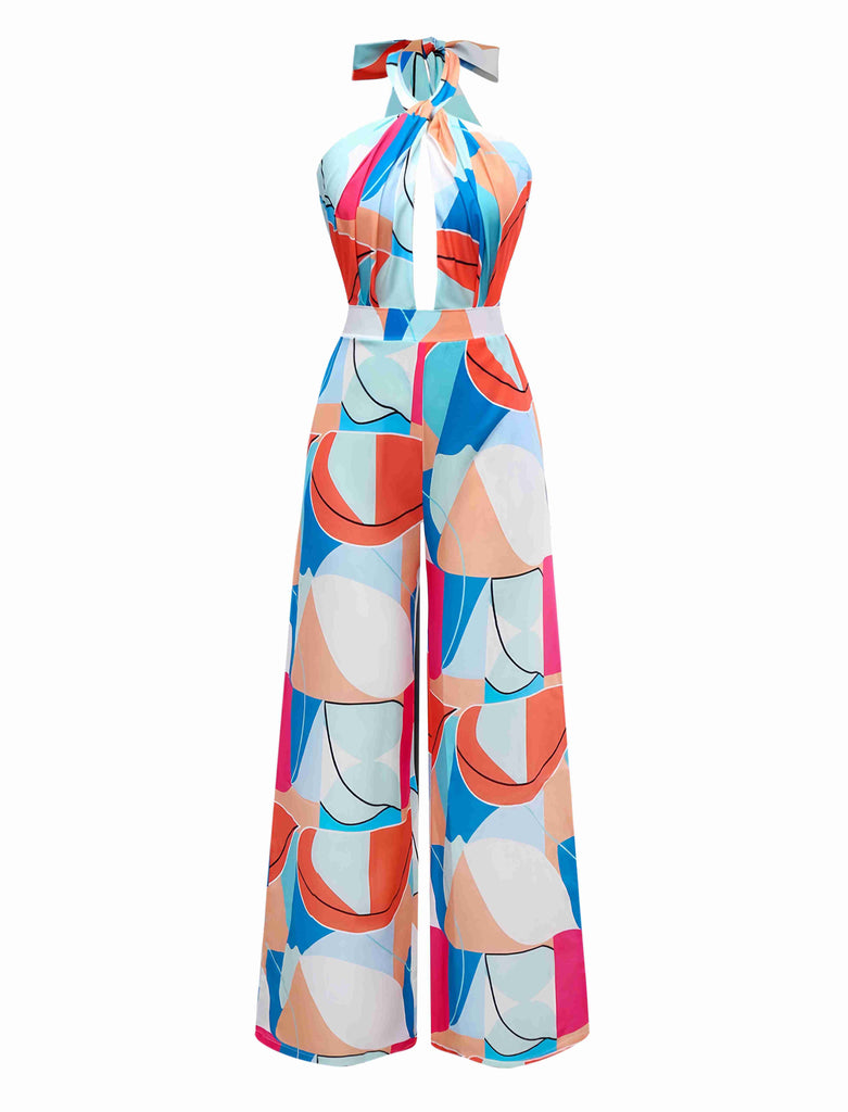 Multicolor 1960s Geometric Abstract Print Halter Jumpsuit - vintage jumpsuit, retro fashion