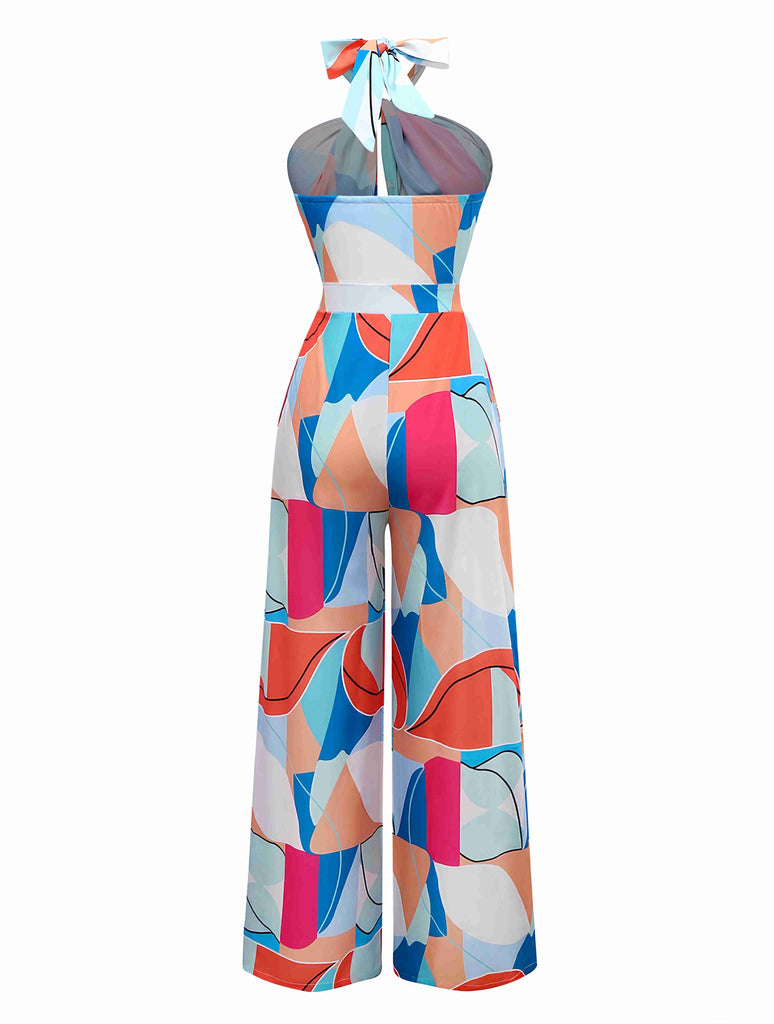 Multicolor 1960s Geometric Abstract Print Halter Jumpsuit - vintage jumpsuit, retro fashion