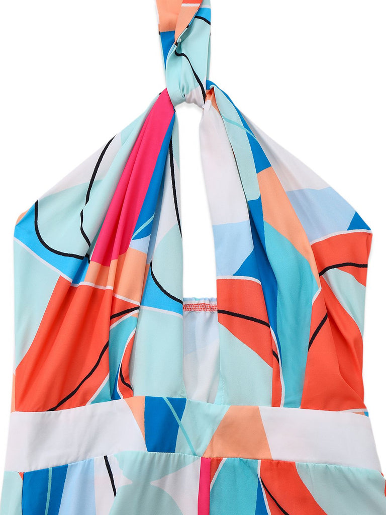 Multicolor 1960s Geometric Abstract Print Halter Jumpsuit - vintage jumpsuit, retro fashion