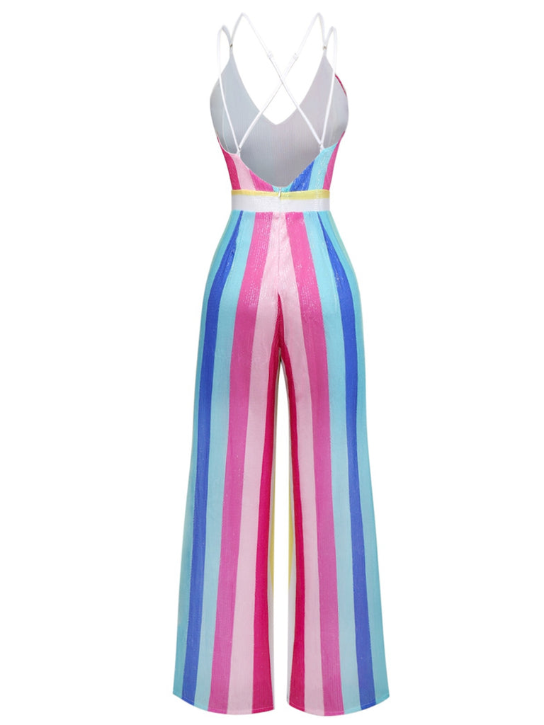 Multicolor 1960s V-Neck Sequined Vertical Striped Jumpsuit - vintage jumpsuit, retro fashion