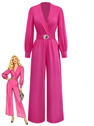 Rose Pink 1960s Deep V Belted Lantern Sleeve Solid Jumpsuit - vintage jumpsuit, retro fashion