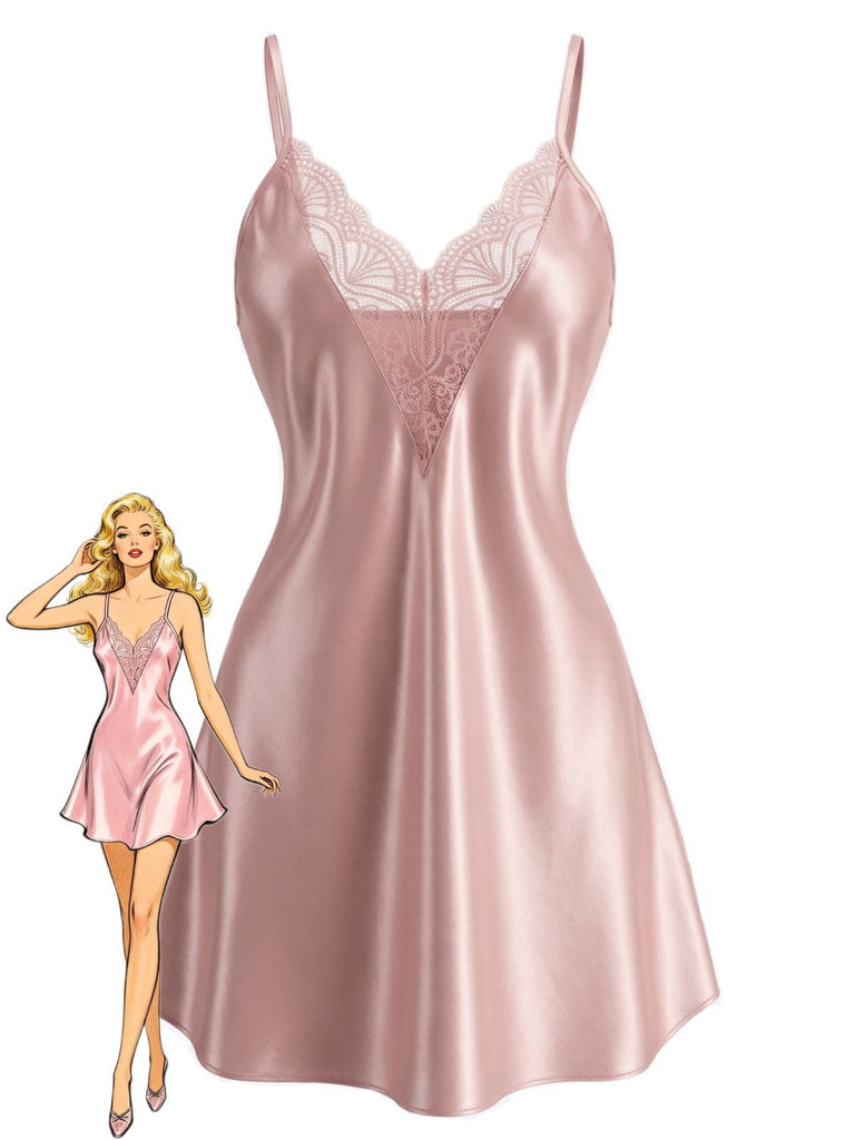 1960s Lace V-Neck Solid Spaghetti Strap Nightgown - vintage nightgown, retro sleepwear