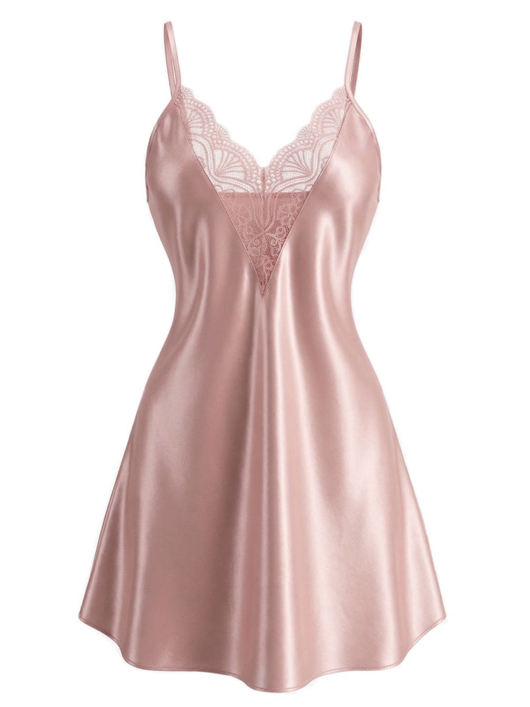 1960s Lace V-Neck Solid Spaghetti Strap Nightgown - vintage nightgown, retro sleepwear