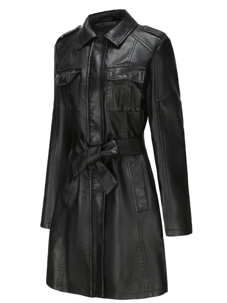 1960s Lapel Belted Long Leather Jacket - vintage fashion, retro style