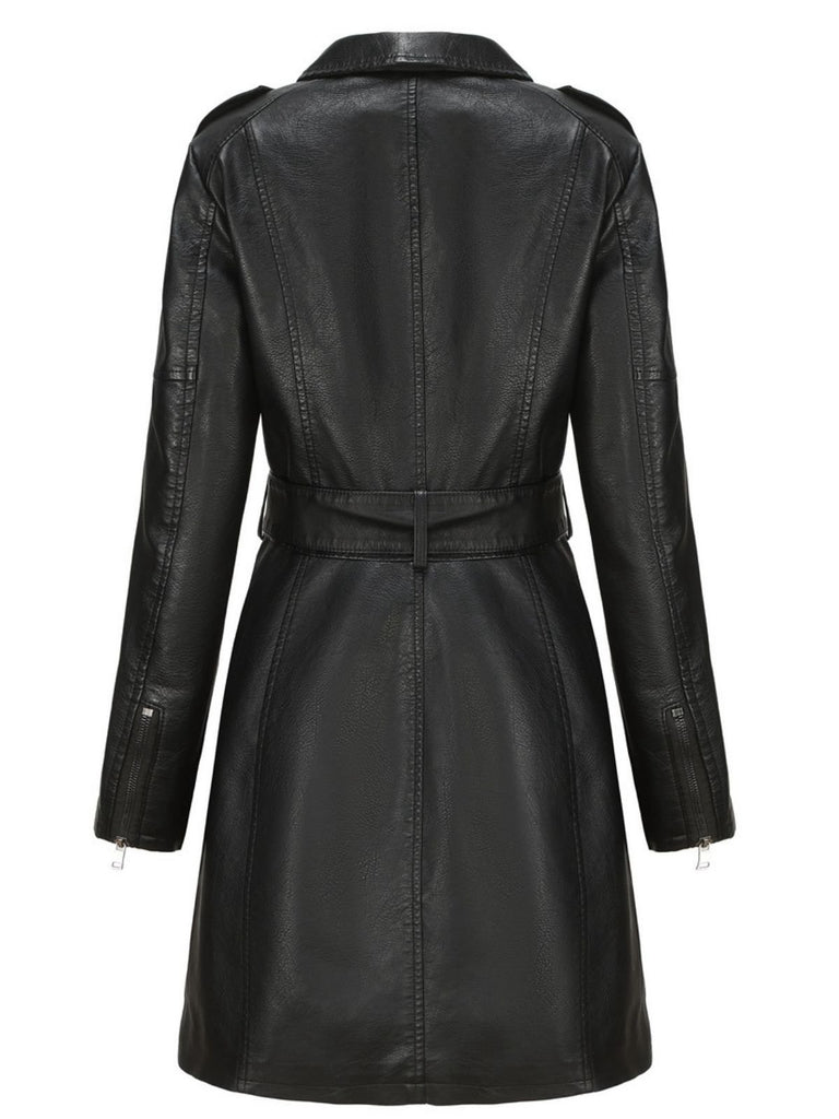 1960s Lapel Belted Long Leather Jacket - vintage fashion, retro style