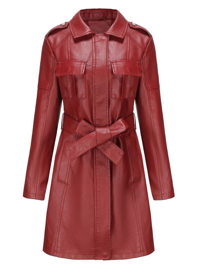 1960s Lapel Belted Long Leather Jacket - vintage fashion, retro style