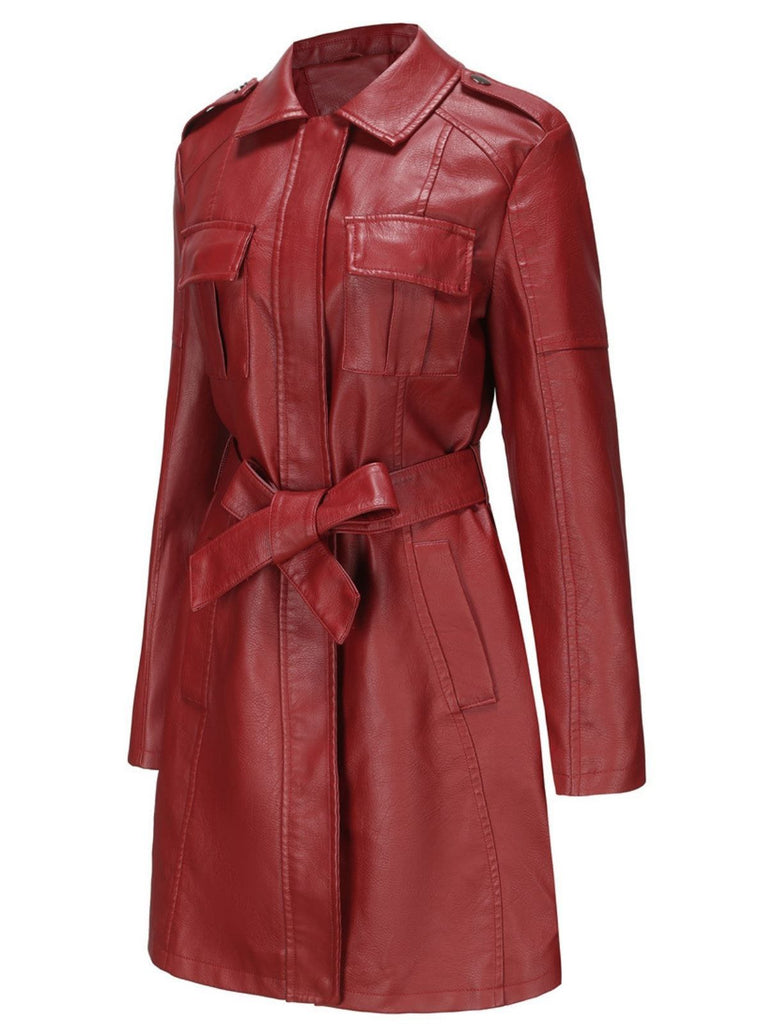 1960s Lapel Belted Long Leather Jacket - vintage fashion, retro style