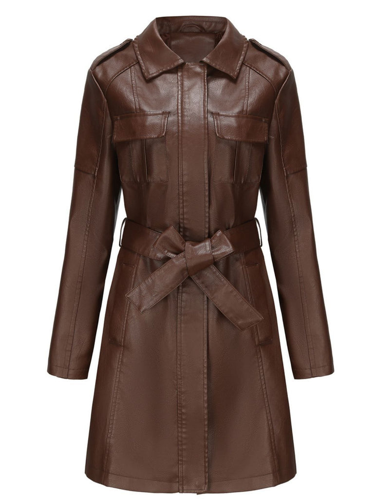 1960s Lapel Belted Long Leather Jacket - vintage fashion, retro style