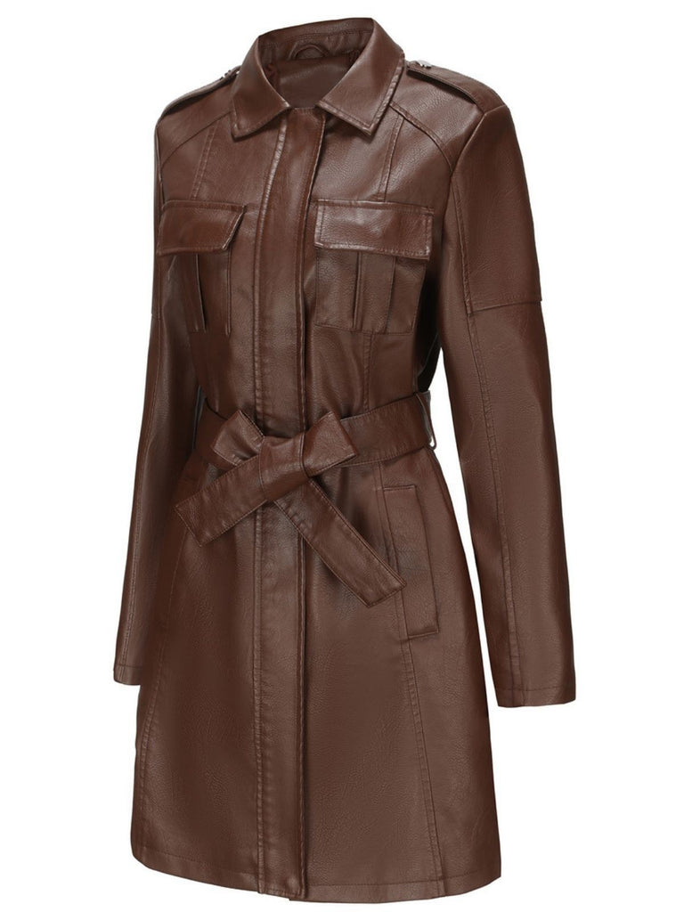1960s Lapel Belted Long Leather Jacket - vintage fashion, retro style