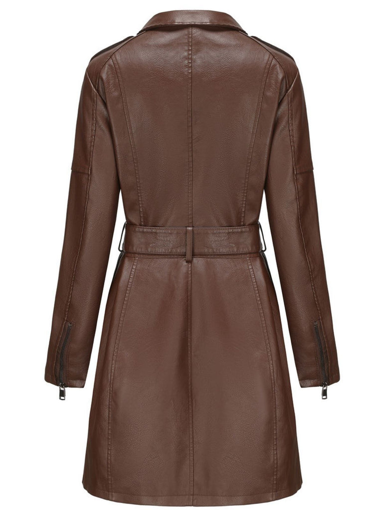 1960s Lapel Belted Long Leather Jacket - vintage fashion, retro style