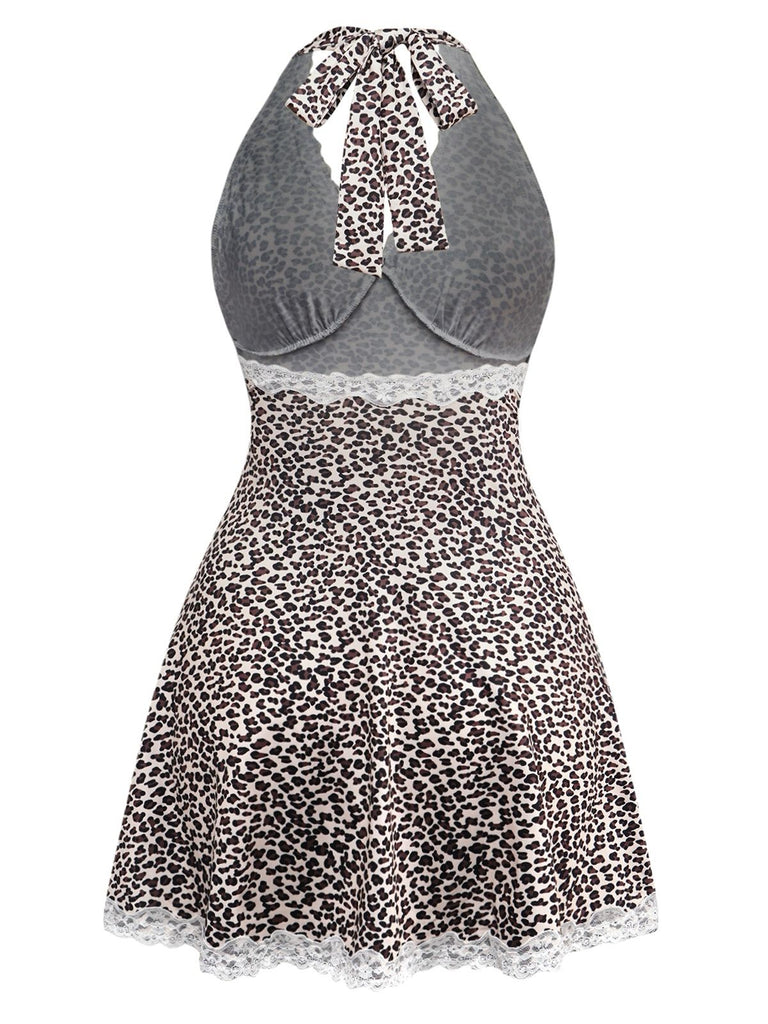 1960s Leopard Print Lace Trim Halter Nightgown - vintage nightgown, retro sleepwear