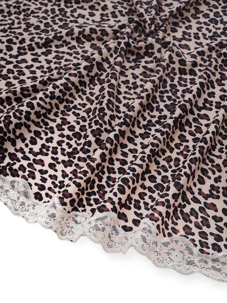 1960s Leopard Print Lace Trim Halter Nightgown - vintage nightgown, retro sleepwear
