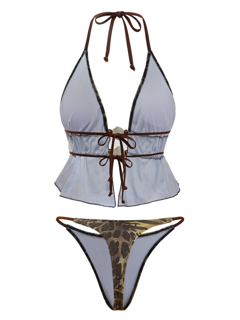 Light Brown 1960s Leopard Halter Tie-Front Ruffle Tankini Set - vintage fashion, retro style