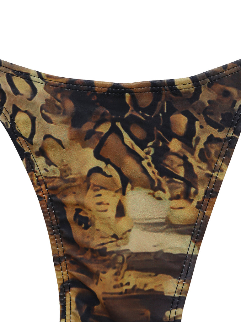 Light Brown 1960s Leopard Halter Tie-Front Ruffle Tankini Set - vintage fashion, retro style