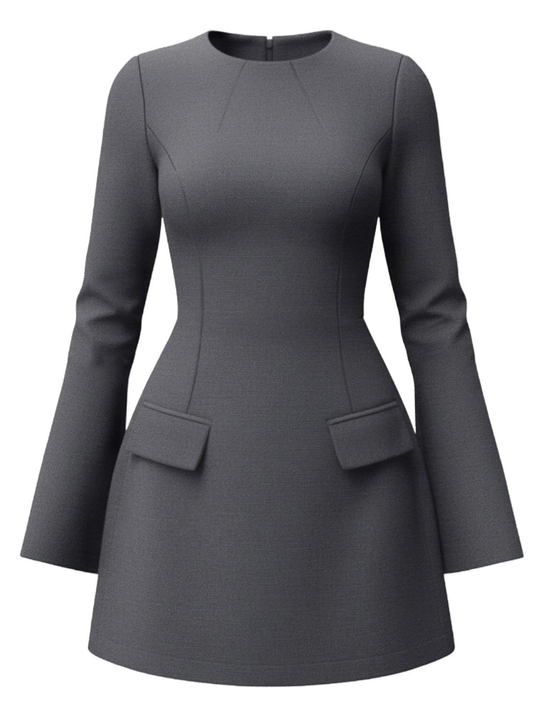 1960s Long Sleeve Faux Pockets Solid Dress - vintage dress, retro fashion