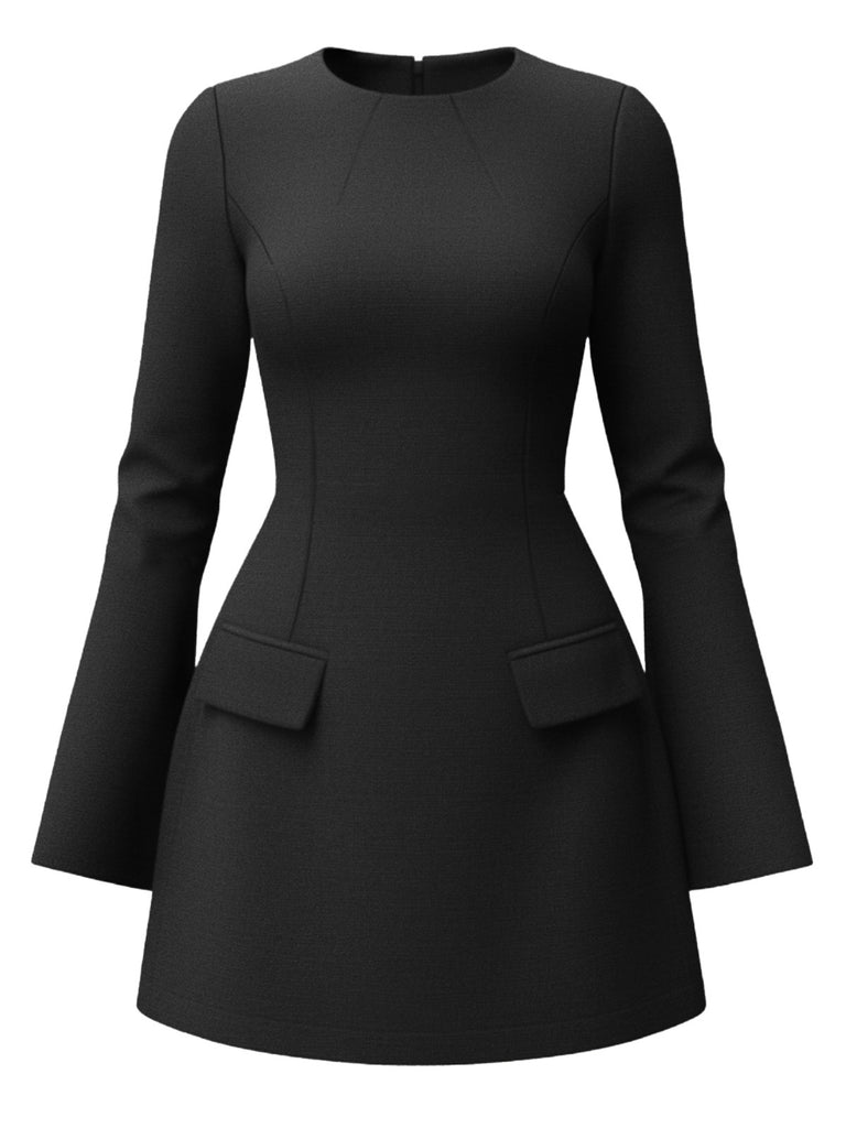1960s Long Sleeve Faux Pockets Solid Dress - vintage dress, retro fashion