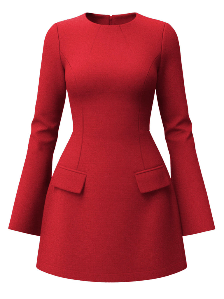1960s Long Sleeve Faux Pockets Solid Dress - vintage dress, retro fashion
