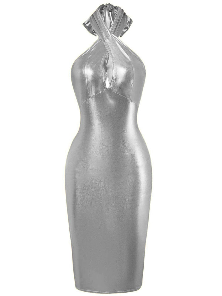 1960s Metallic Halter Keyhole Bodycon Dress, vintage dress, retro fashion - perfect for women who love vintage and retro fashion