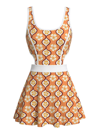 Multicolor 1960s Cherry Blossom Cutout One-Piece Swimdress - vintage dress, retro fashion
