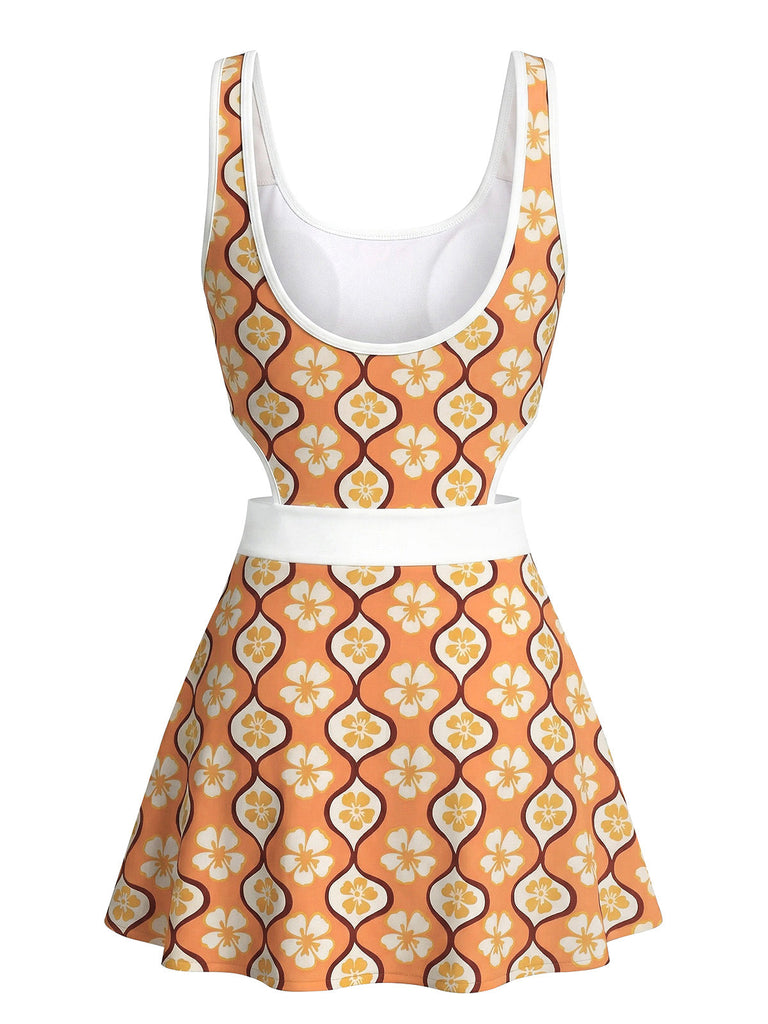 Multicolor 1960s Cherry Blossom Cutout One-Piece Swimdress - vintage dress, retro fashion
