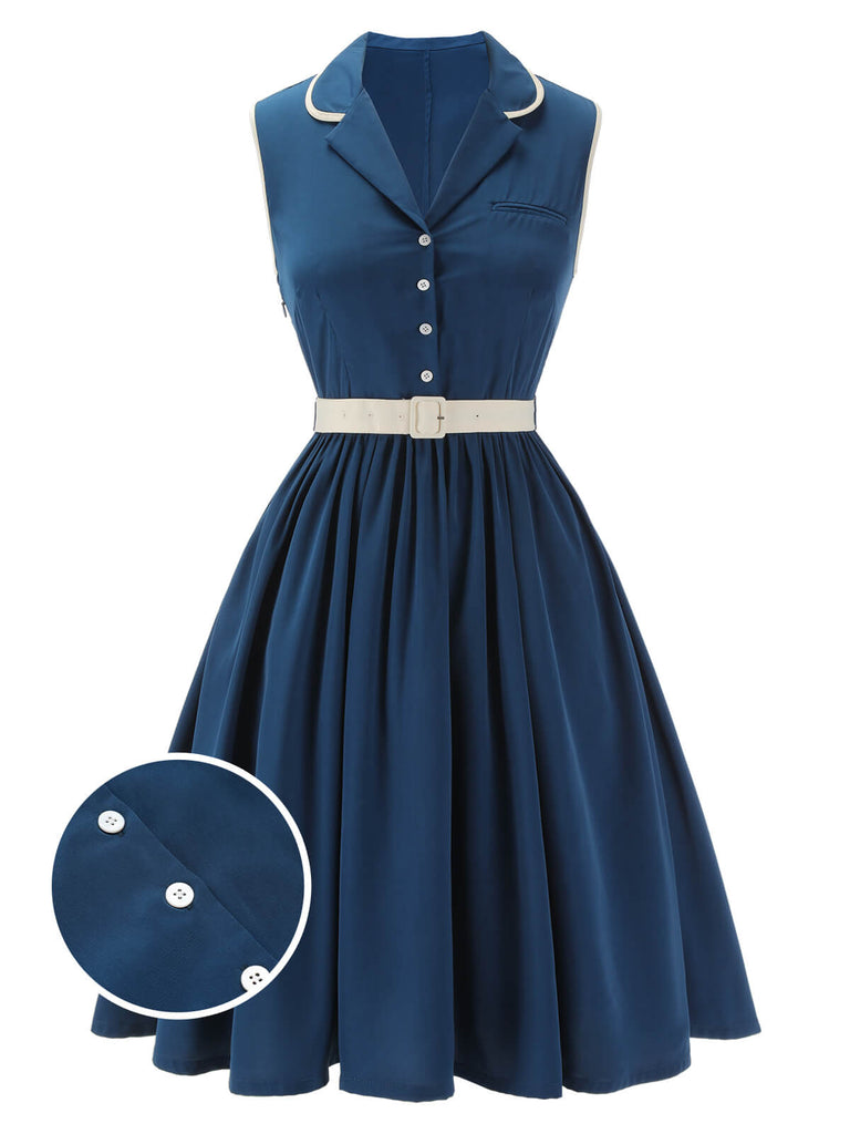 1960s Navy Blue Sleeveless Lapel Dress - vintage dress, retro fashion, elegant style for vintage lovers
