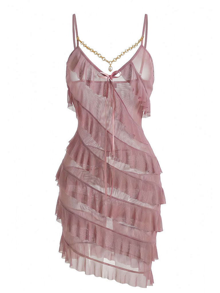 1960s Chain Pearl Ruffled Spaghetti Strap Nightgown - vintage nightgown, retro sleepwear