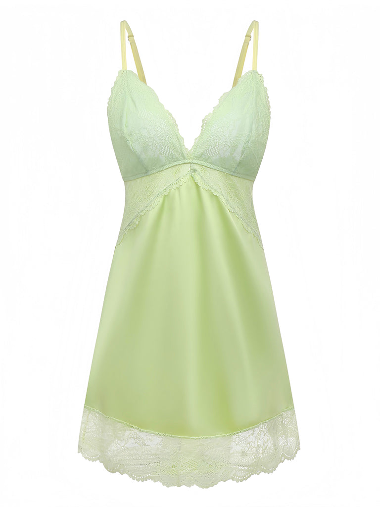 Green 1960s Lace Satin V-Neck Spaghetti Strap Nightgown - vintage nightgown, retro sleepwear