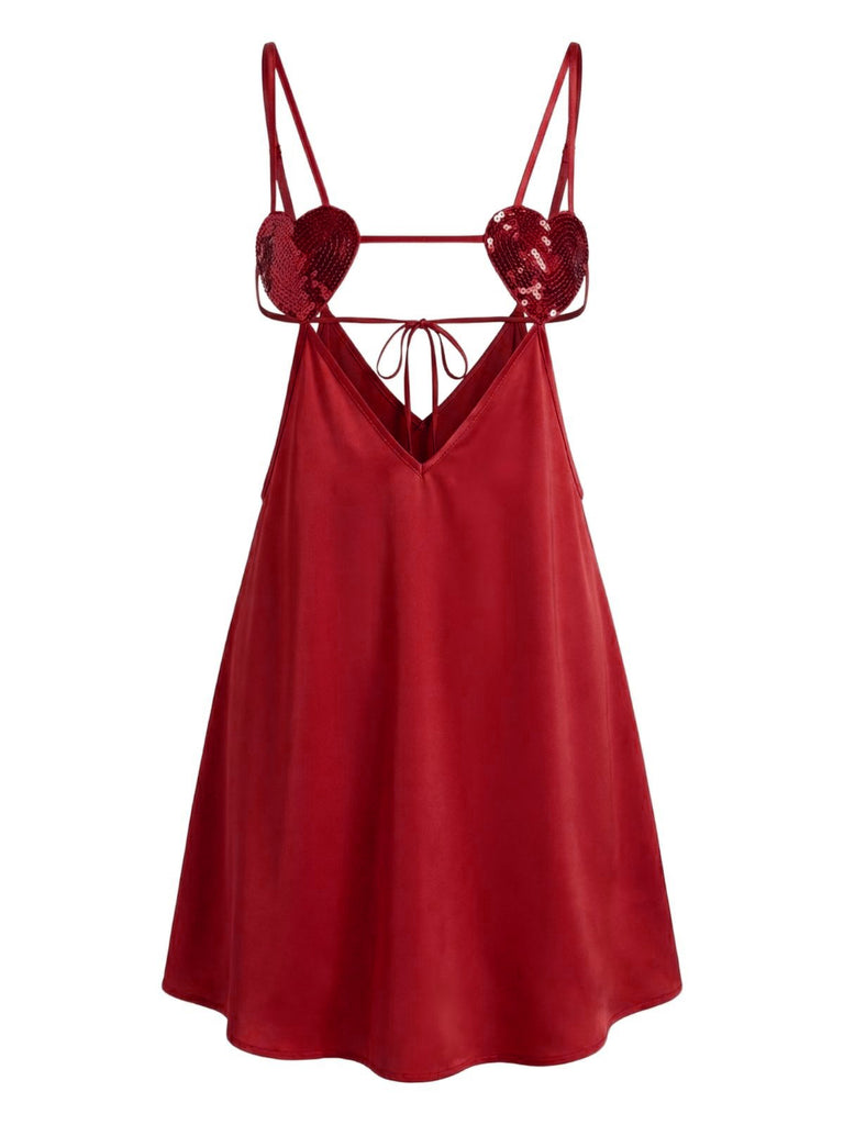1960s Solid Satin Sequined Heart Sexy Cami Nightgown - vintage nightgown, retro sleepwear