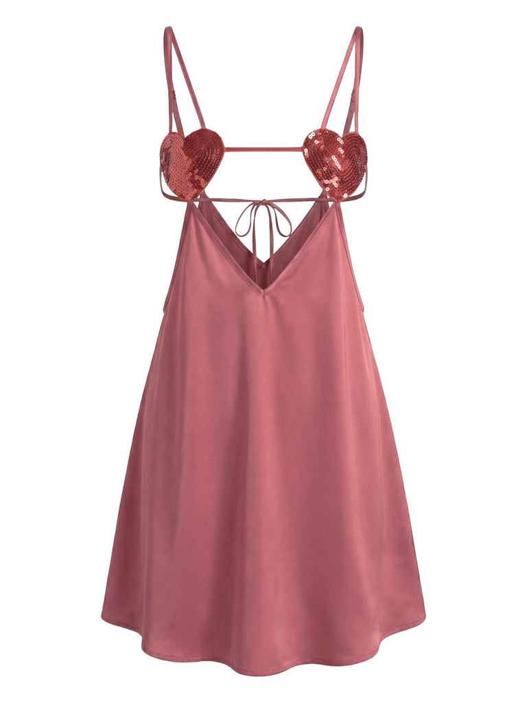 1960s Solid Satin Sequined Heart Sexy Cami Nightgown - vintage nightgown, retro sleepwear