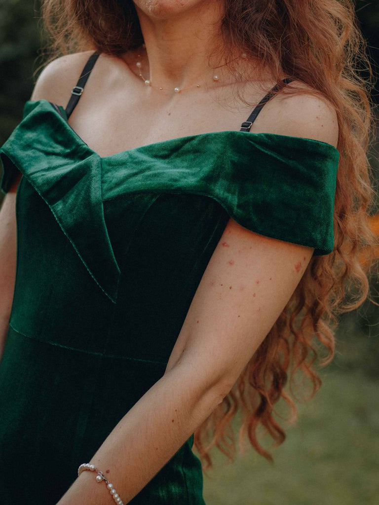 1960s Off Shoulder Velvet Bodycon Dress — vintage elegance for the modern woman
