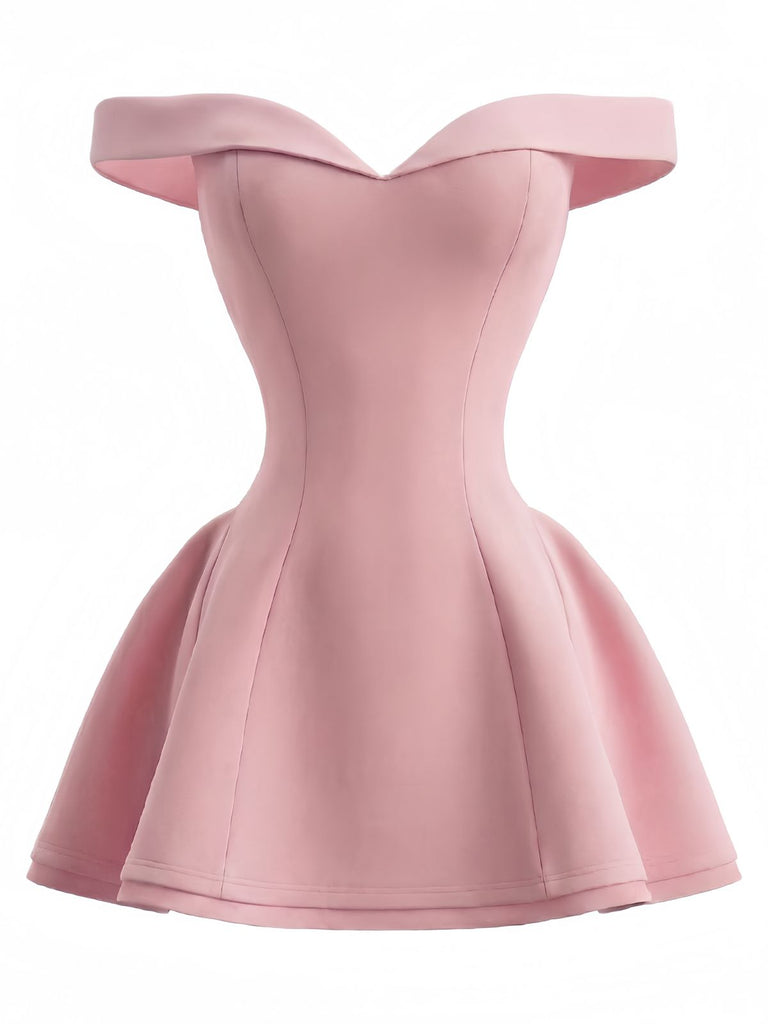 1960s Off-Shoulder Fit Solid Mini Dress - vintage dress, retro fashion