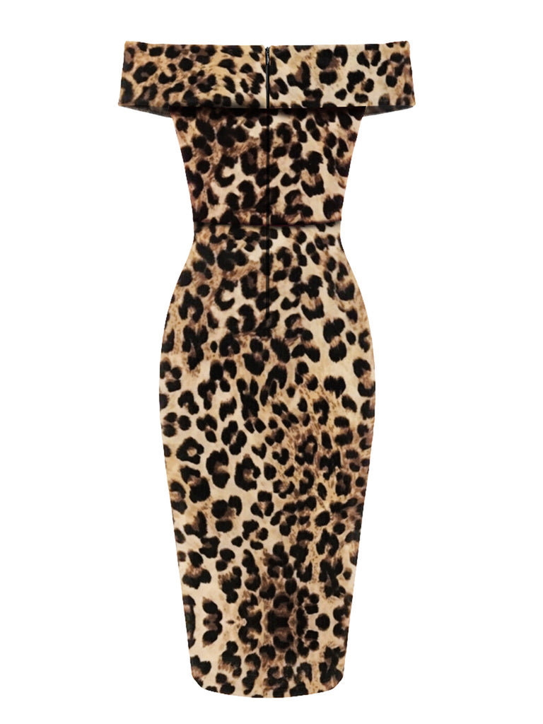 She slips into this 1960s Off-shoulder Leopard Pencil Dress and suddenly it's a 1960s daydream