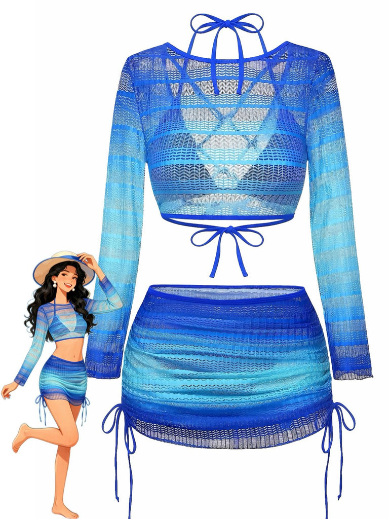 1960s Ombre Crochet Long Sleeve Bikini Set & Cover-Up Set - vintage swimsuit, pin-up swimwear for vintage lovers
