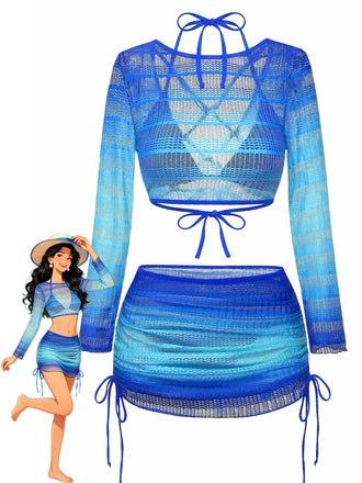 1960s Ombre Crochet Long Sleeve Bikini Set & Cover-Up Set - vintage swimsuit, pin-up swimwear for vintage lovers