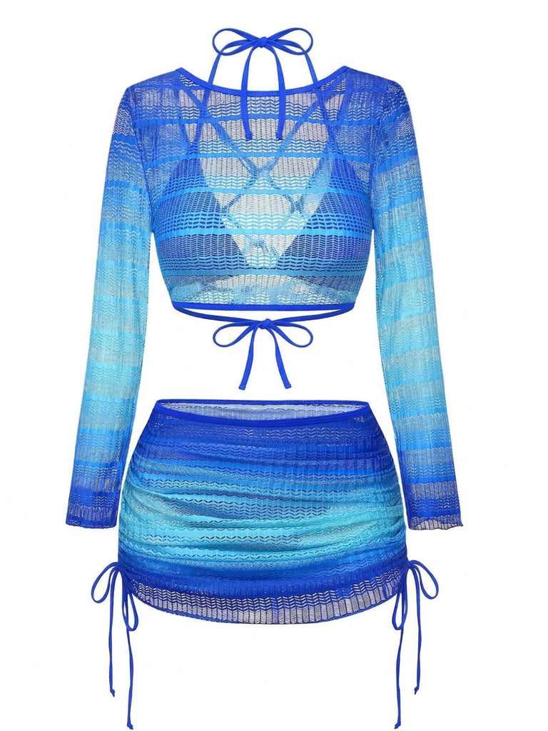 1960s Ombre Crochet Long Sleeve Bikini Set & Cover-Up Set - vintage swimsuit, pin-up swimwear for vintage lovers