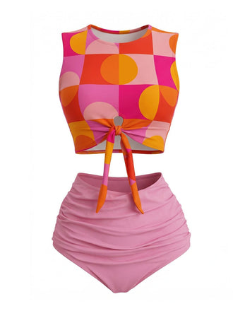 Orange 1960s Geometric Print High Waist Tankini Set - vintage fashion, retro style