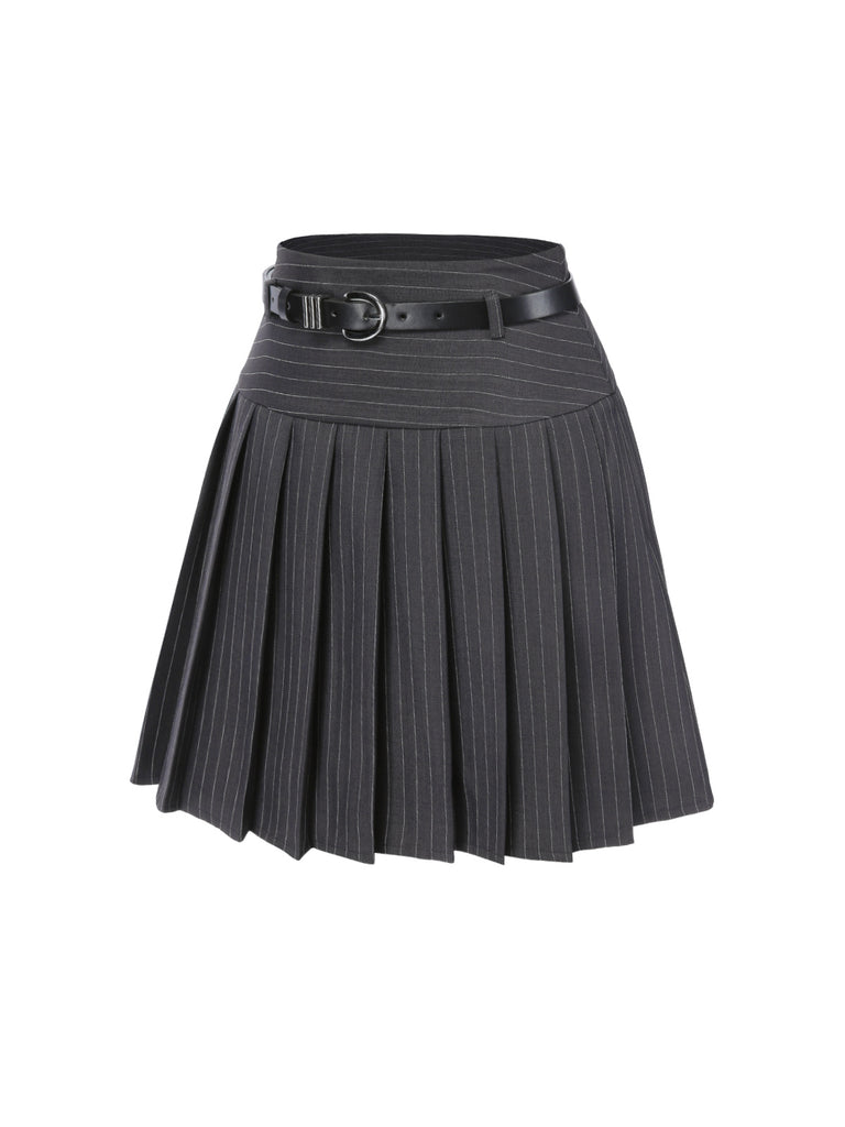 This Dark 1960s Pinstripes Belted Pleated Skirt spins 1960s stories with every step