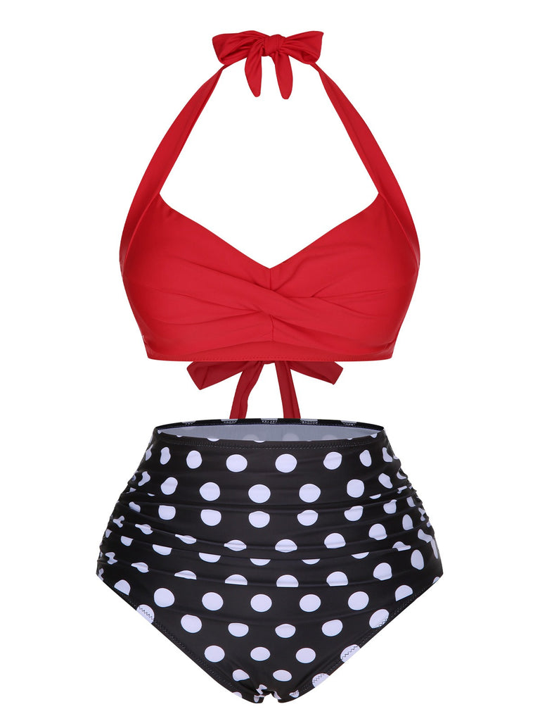 1960s Polka Dot Halter Back Strap Swimsuit, vintage swimsuit, pin-up swimwear - perfect for women who love vintage and retro fashion