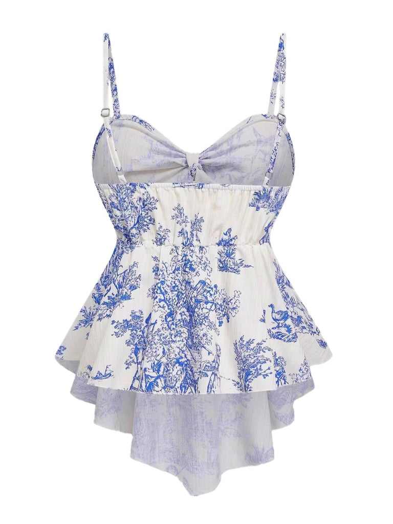 Blue 1960s Porcelain Print Spaghetti Strap Belted Top, vintage top, retro blouse - perfect for women who love vintage and retro fashion