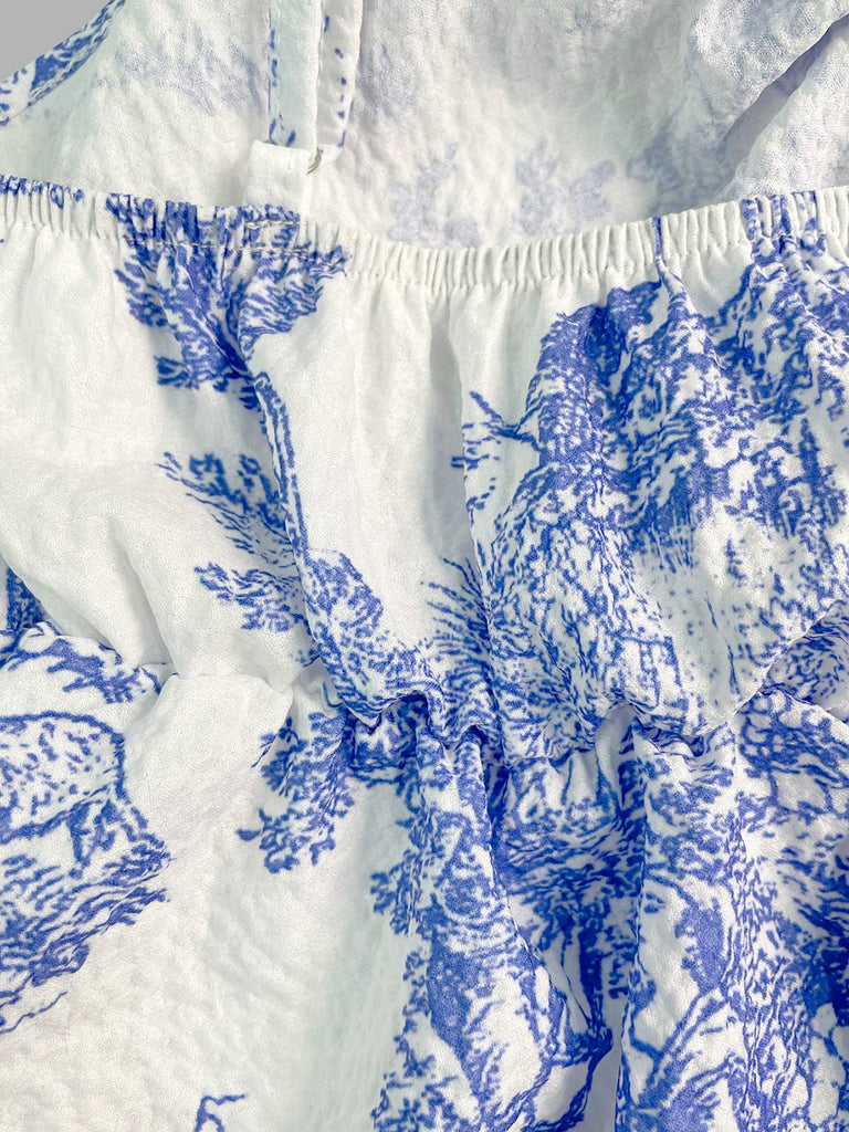 Blue 1960s Porcelain Print Spaghetti Strap Belted Top, vintage top, retro blouse - perfect for women who love vintage and retro fashion