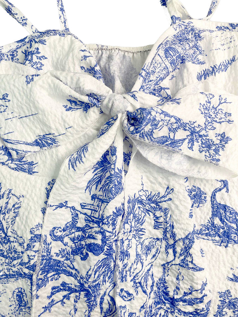Blue 1960s Porcelain Print Spaghetti Strap Belted Top, vintage top, retro blouse - perfect for women who love vintage and retro fashion
