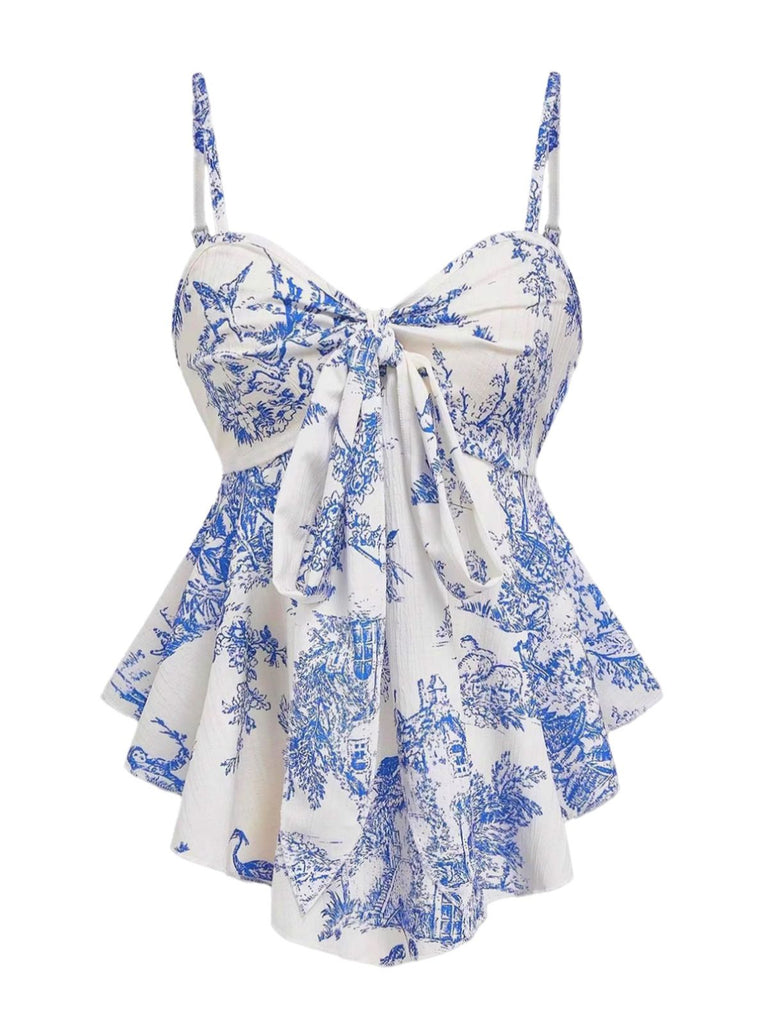 Blue 1960s Porcelain Print Spaghetti Strap Belted Top, vintage top, retro blouse - perfect for women who love vintage and retro fashion