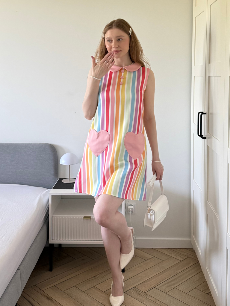 1960s Rainbow Stripe Heart Pocket Dress, vintage dress, retro fashion - perfect for women who love vintage and retro fashion
