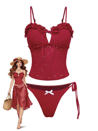 Red 1960s Embroidered Cutout Ruffled Side-Tie Tankini Set - vintage fashion, retro style, elegant red